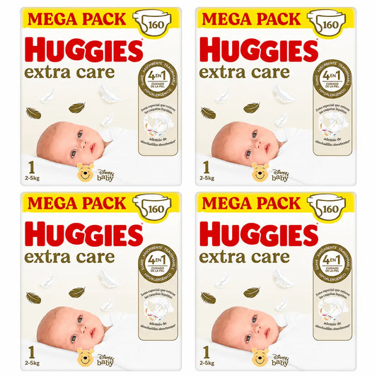 Huggies Extra Care Taille 1 (2-5 Kg) Disney Baby Nappy , 160 pcs, pack 4