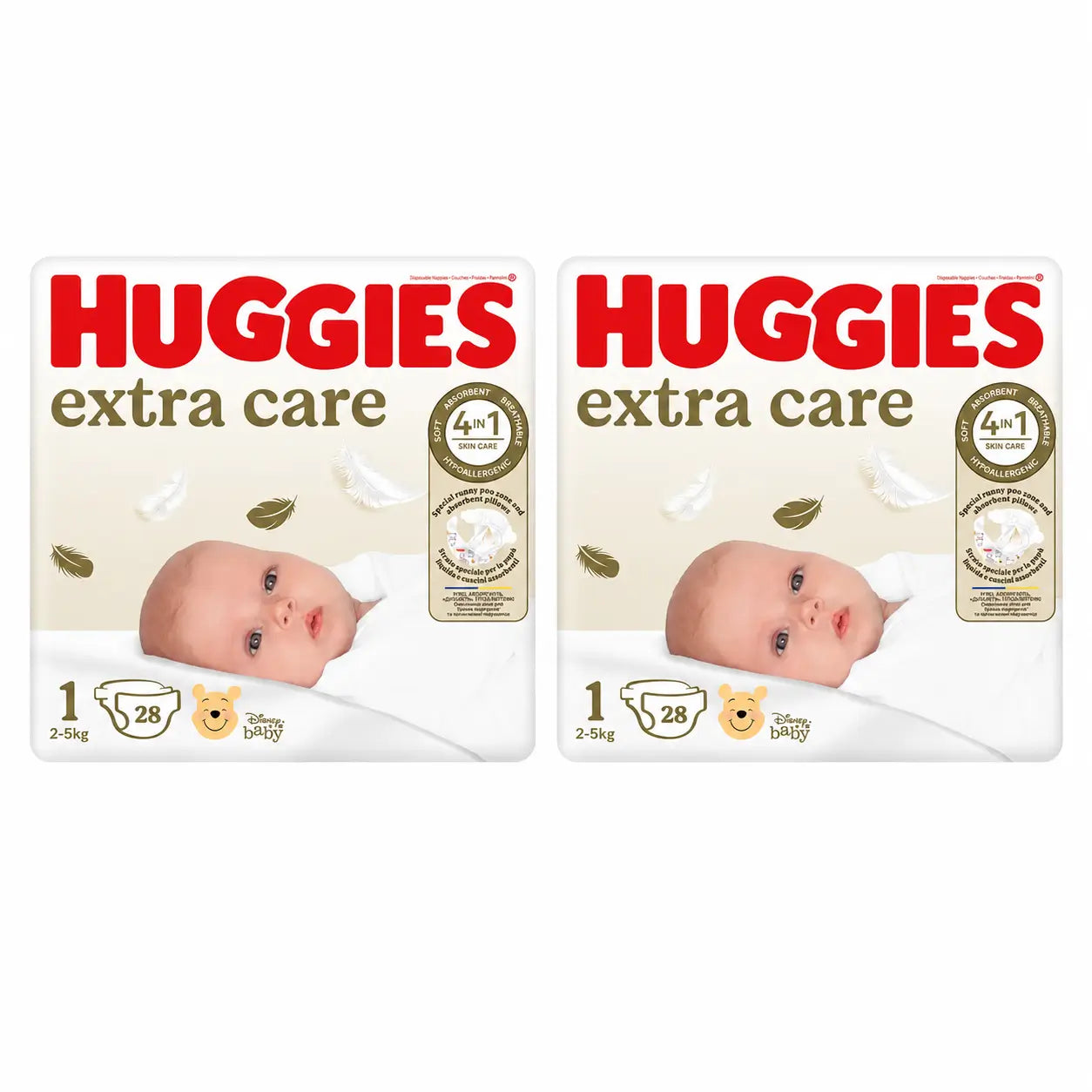 Huggies Extra Care Size 1 (2-5 Kg) Disney Baby Nappy, 28 pieces, pack 2