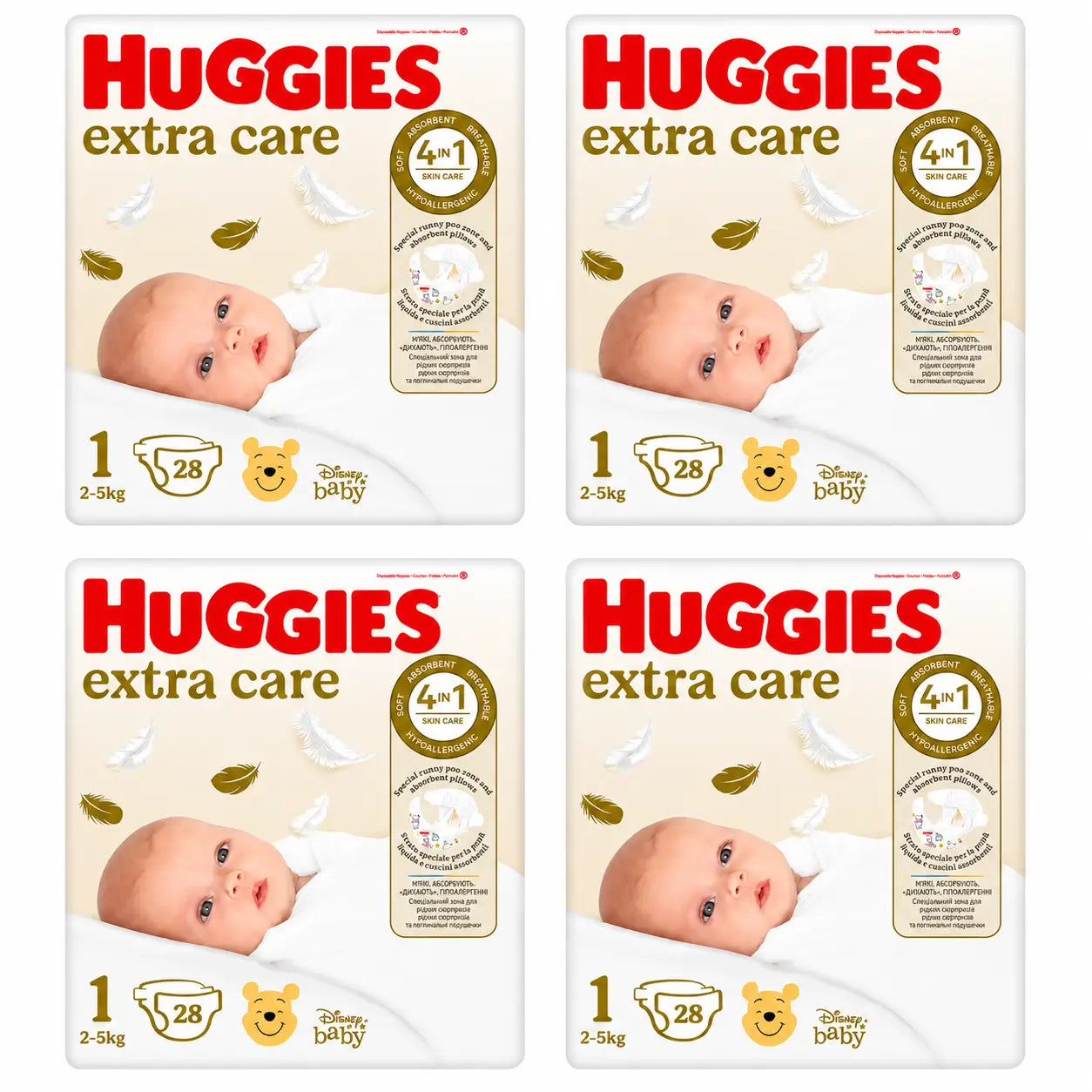 Huggies Extra Care Taille 1 (2-5 Kg) Disney Baby Nappy, 28 pièces, pack 4