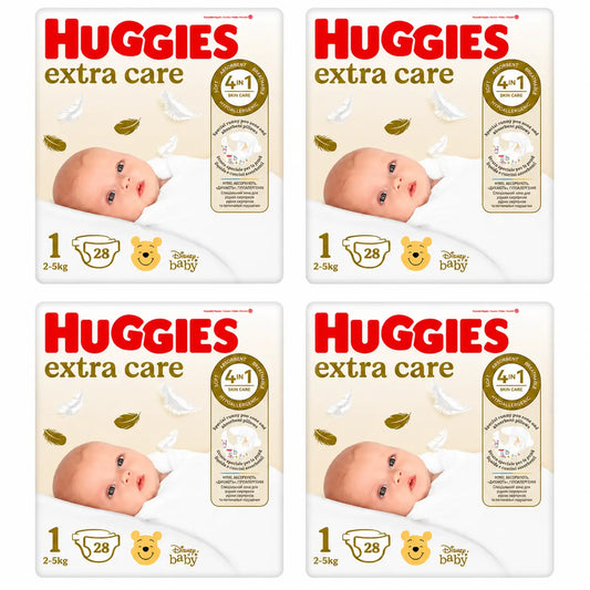Huggies Extra Care Taille 1 (2-5 Kg) Disney Baby Nappy, 28 pièces, pack 4