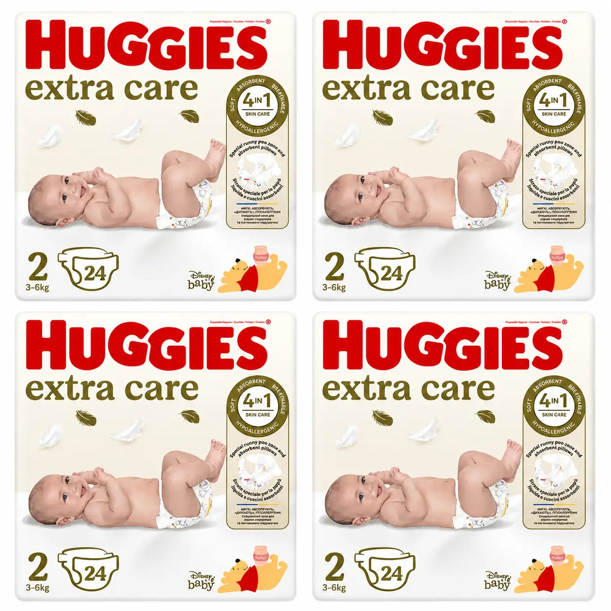 Huggies Extra Care Taille 2 (3-6 Kg) Couche pour bébé Disney, 24 pièces, paquet de 4