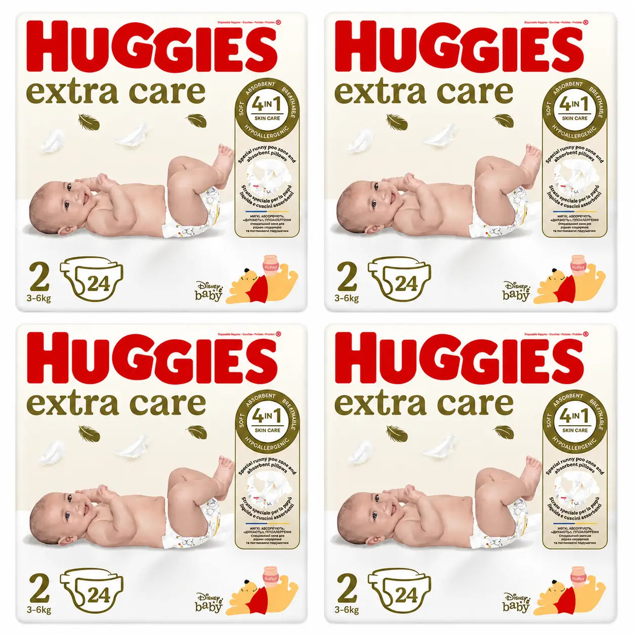Huggies Extra Care Taille 2 (3-6 Kg) Couche pour bébé Disney, 24 pièces, paquet de 4