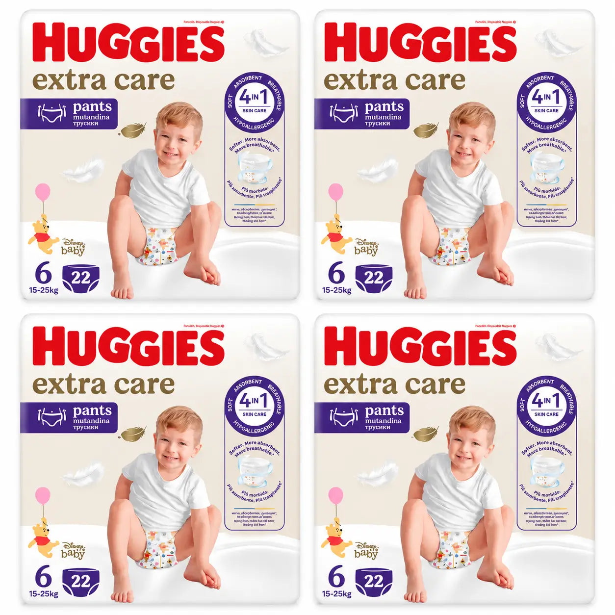 Huggies Extra Care Taille 6 (15-25 Kg) Disney Baby Diaper Briefs, 22 pièces, pack 4