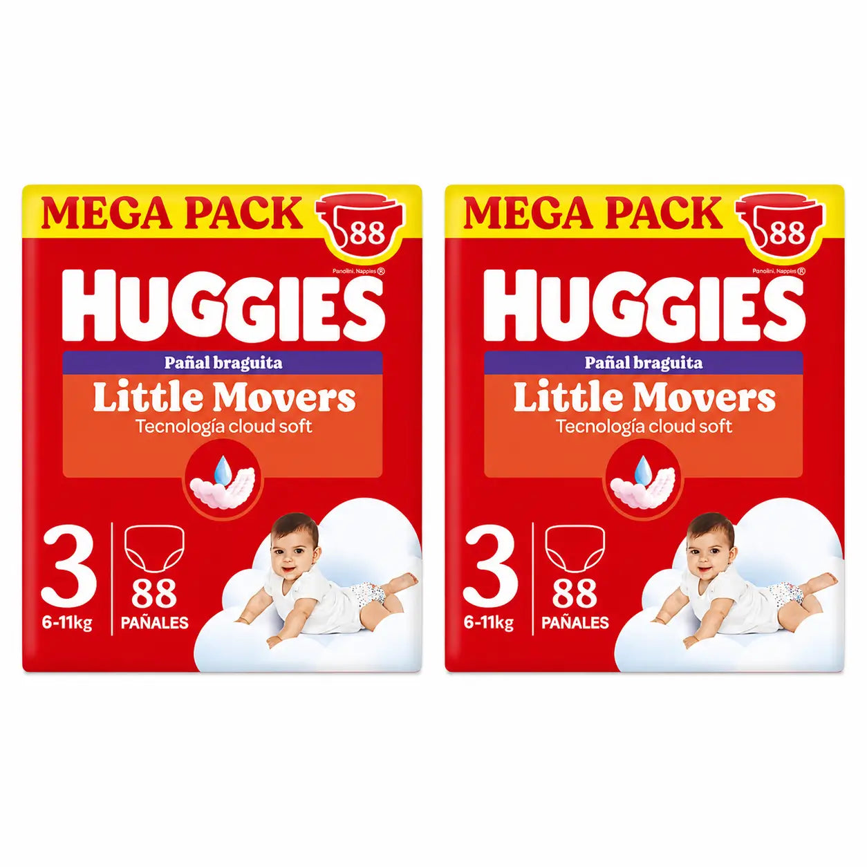 Huggies Little Movers Taille 3 (6-11 Kg) Disney Baby Diaper Briefs, 88 pièces, pack 2
