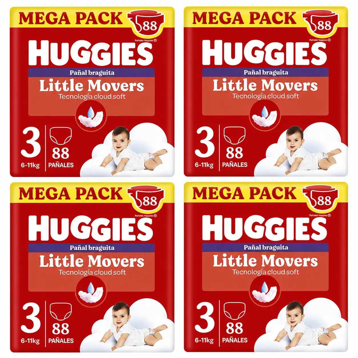 Huggies Little Movers Taille 3 (6-11 Kg) Disney Baby Diaper Briefs, 88 pièces, pack 4