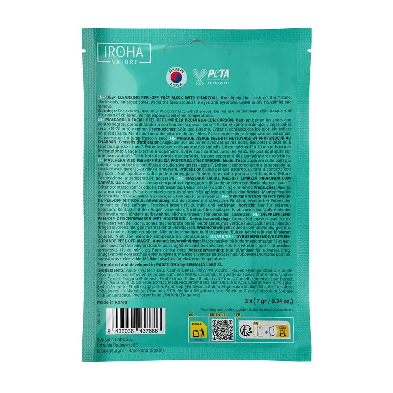 Iroha Nature Peel Off Deep Cleansing Charcoal Mask, 3 pièces, 1 gramme