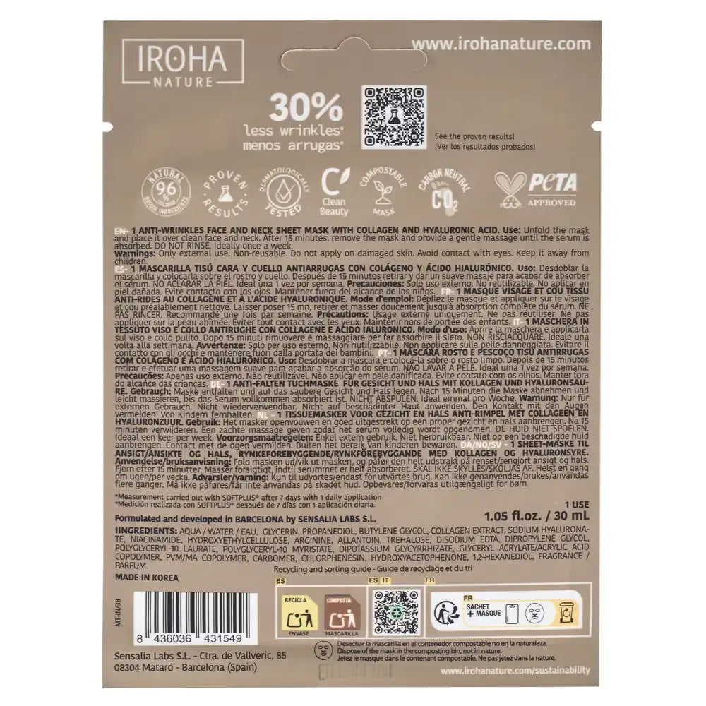 Iroha Nature Masque tissulaire anti-rides pour le visage et le cou - Collagène , 30 ml