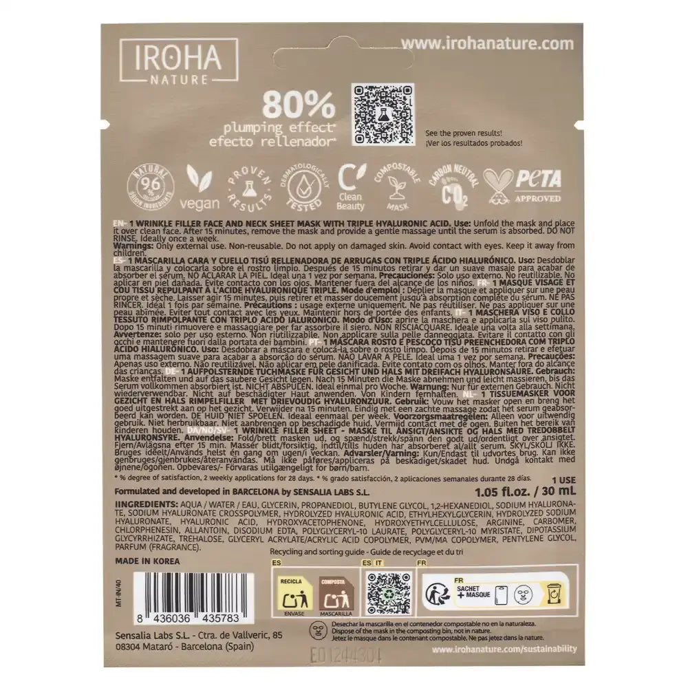 Iroha Nature Triple masque de comblement des rides à l'acide hyaluronique pour le visage et le cou, 30 ml