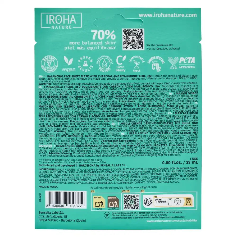 Iroha Nature Masque équilibrant pour le visage - Charbon, 23 ml