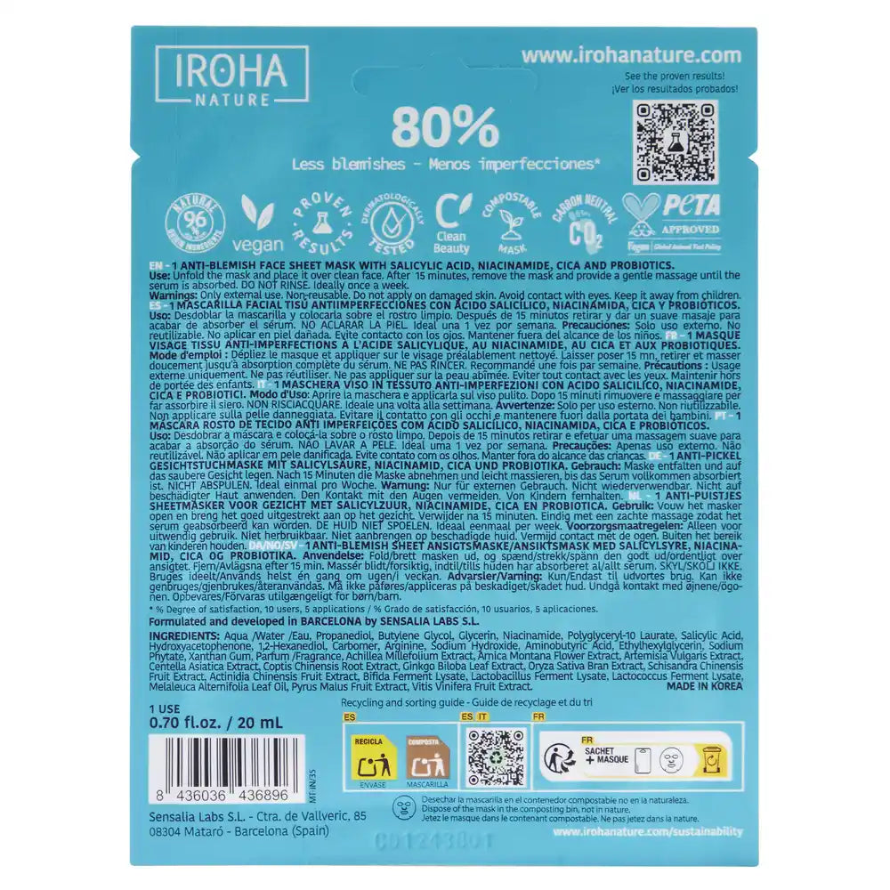 Masque facial anti-imperfections pour peaux grasses de Iroha Nature, 20 ml