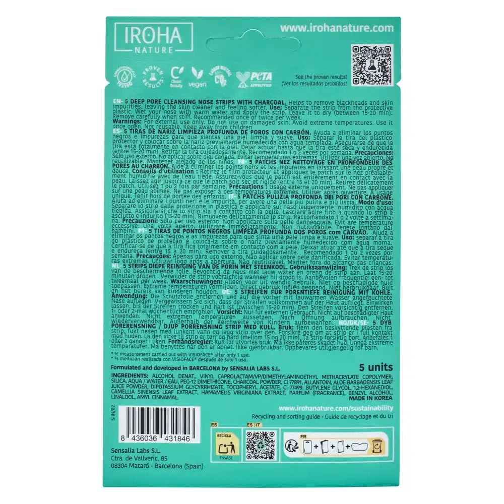Iroha Nature Bandelettes nasales pour le nettoyage en profondeur des points noirs - charbon de bois, 5 pcs.