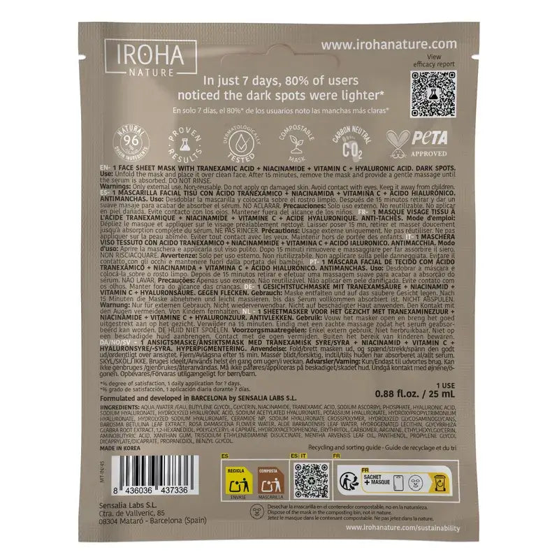 Masque anti-imperfections à l'acide tranexamique Iroha Nature Well Aging , 25 ml