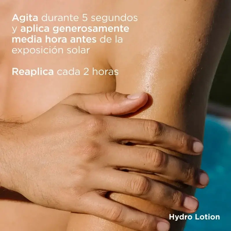 Shake isdin hydrolotion spf 50 for 5 seconds and apply half an hour before exposure.