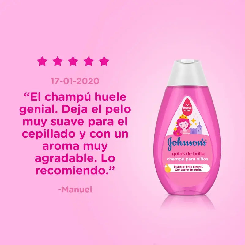 Shampooing pour enfants Johnson's Baby Shampooing Shine Drops, avec huile d'argan, pour des cheveux brillants, lisses et soyeux, 500 ml