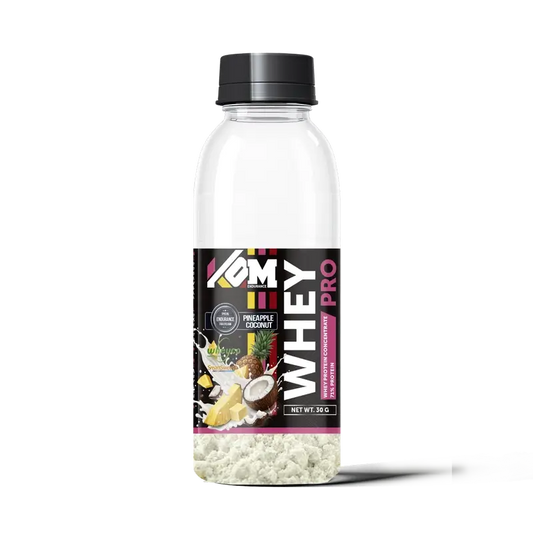 Kom Endurance Proteins Sports Nutrition , single dose bottle of whey protein 30g pineapple-coconut flavour