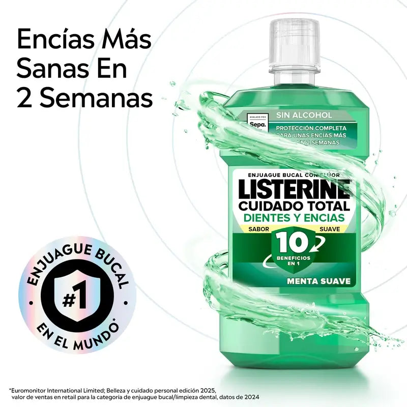 Listerine Duplo Bain de bouche Protection des dents et des gencives Bain de bouche à la menthe douce Sans alcool, 2 x 500 ml