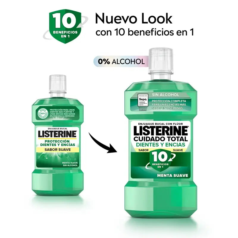 Listerine Duplo Bain de bouche Protection des dents et des gencives Bain de bouche à la menthe douce Sans alcool, 2 x 500 ml