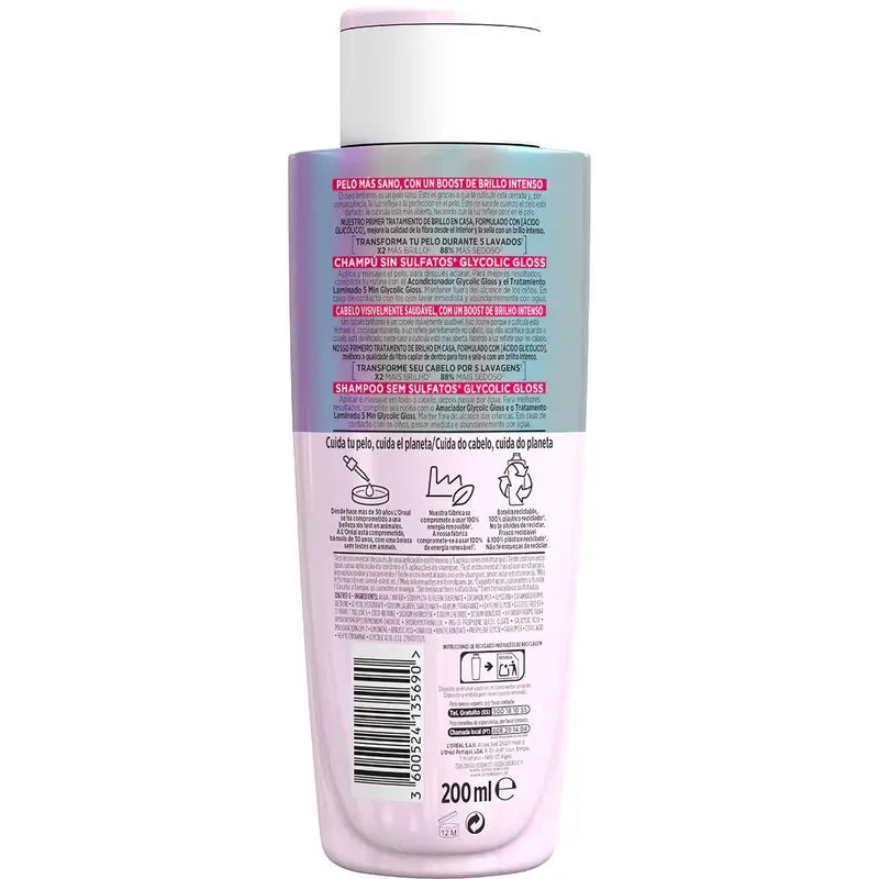 L'Oréal Paris Elvive Glycolic Gloss Shampooing Avec Acide Glycolique Acide Glycolique Cheveux Doux et Brillants