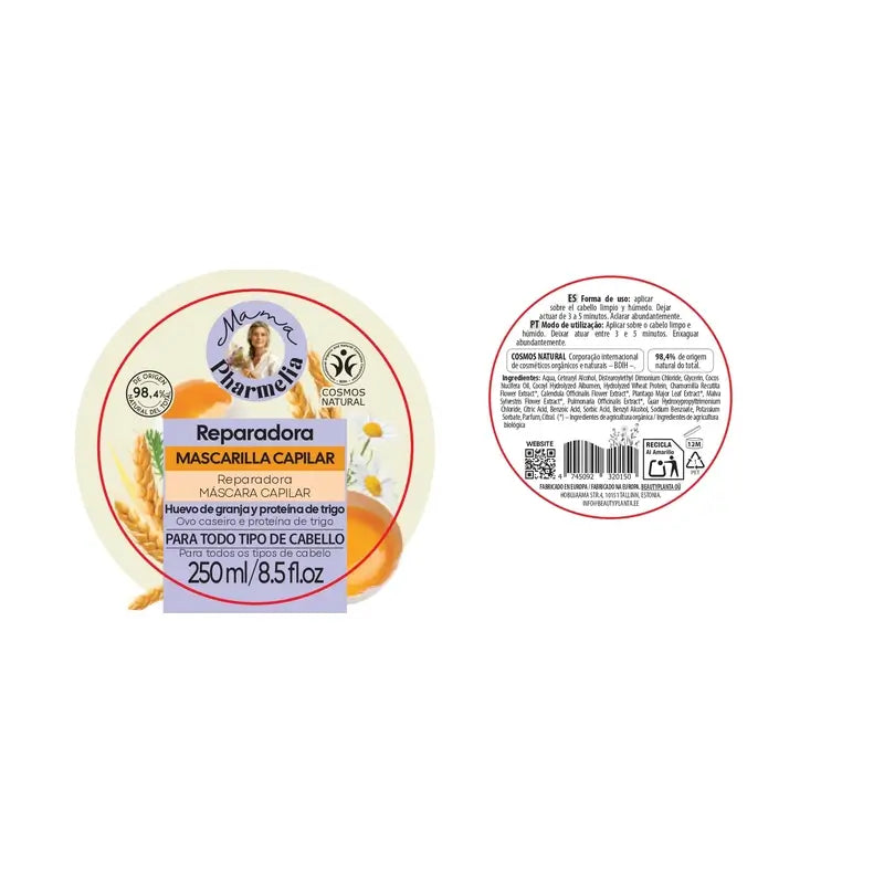 Masque capillaire réparateur aux protéines d'œuf et de blé de la ferme Mama Pharmelia, 250 ml