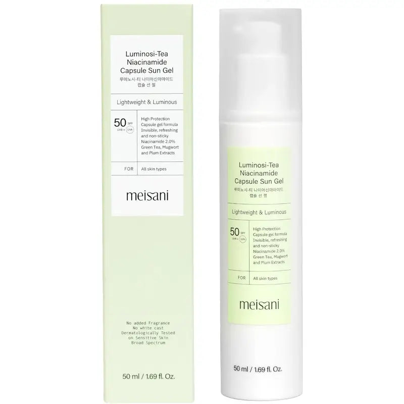 Meisani Luminosi-Tea Gel solaire à la niacinamide en capsule SPF 50, 50 ml