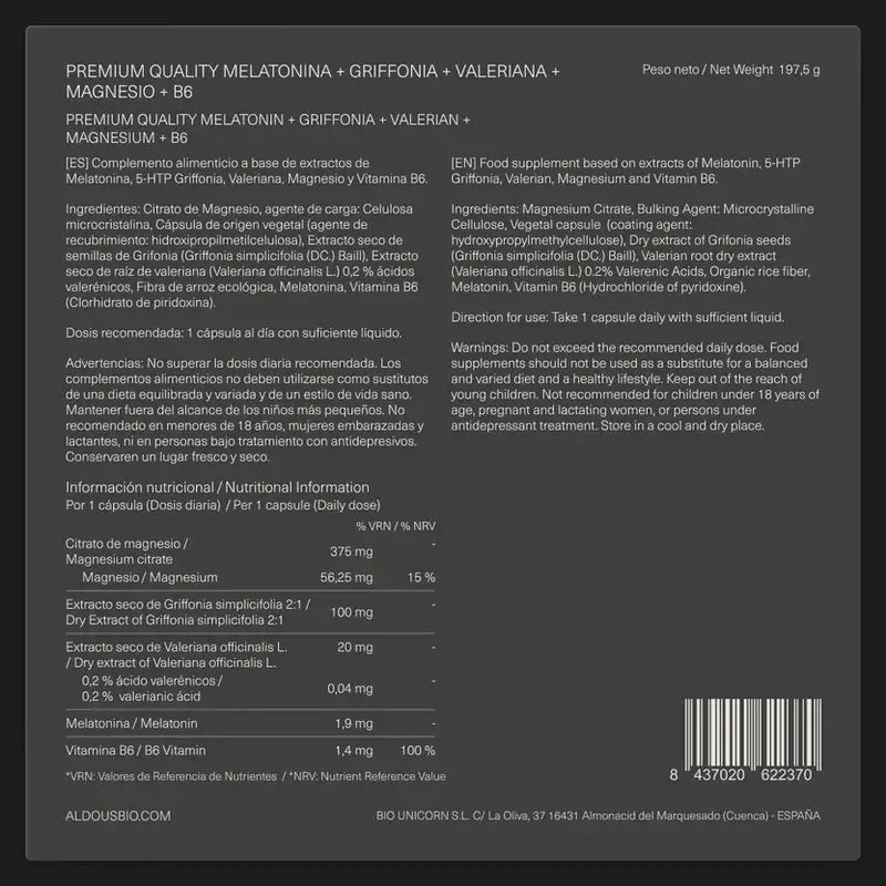 Aldous Labs Melatonin avec 5Htp, Magnésium, Valériane et Vitamine B6