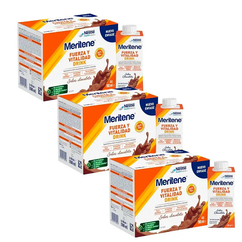 Meritene Strength & Vitality Drink Chocolate, Pack 3 Boxes 6 x 180 ml
