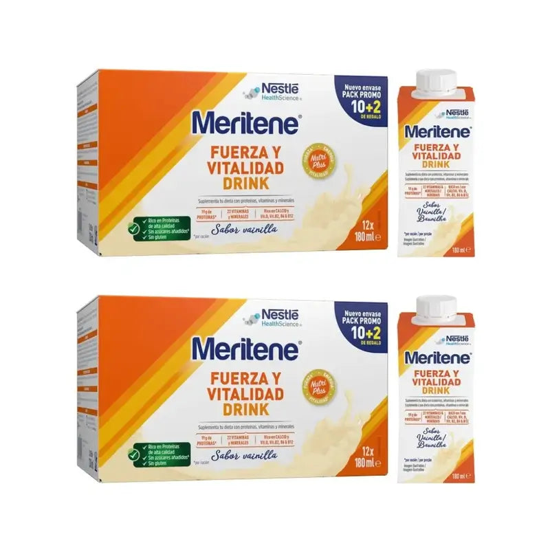 Meritene Strength & Vitality Drink Vanilla, Pack 2 boxes 10+2 x 180 Ml