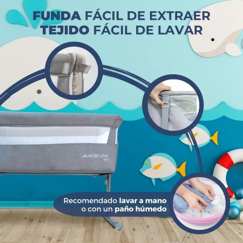Lit bébé à hauteur réglable Mobiclinic Moon Grey avec mode sommeil