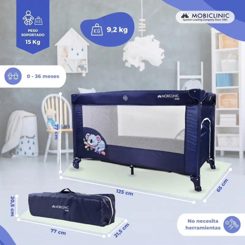 Mobiclinic Lit de voyage à roulettes - Portable - Pliable - Robuste - Tissu respirant - Sac de transport - Bleu - Mofli