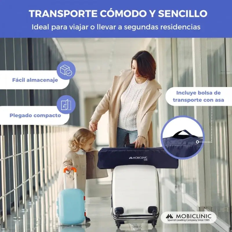 Mobiclinic Lit de voyage à roulettes - Portable - Pliable - Robuste - Tissu respirant - Sac de transport - Bleu - Mofli