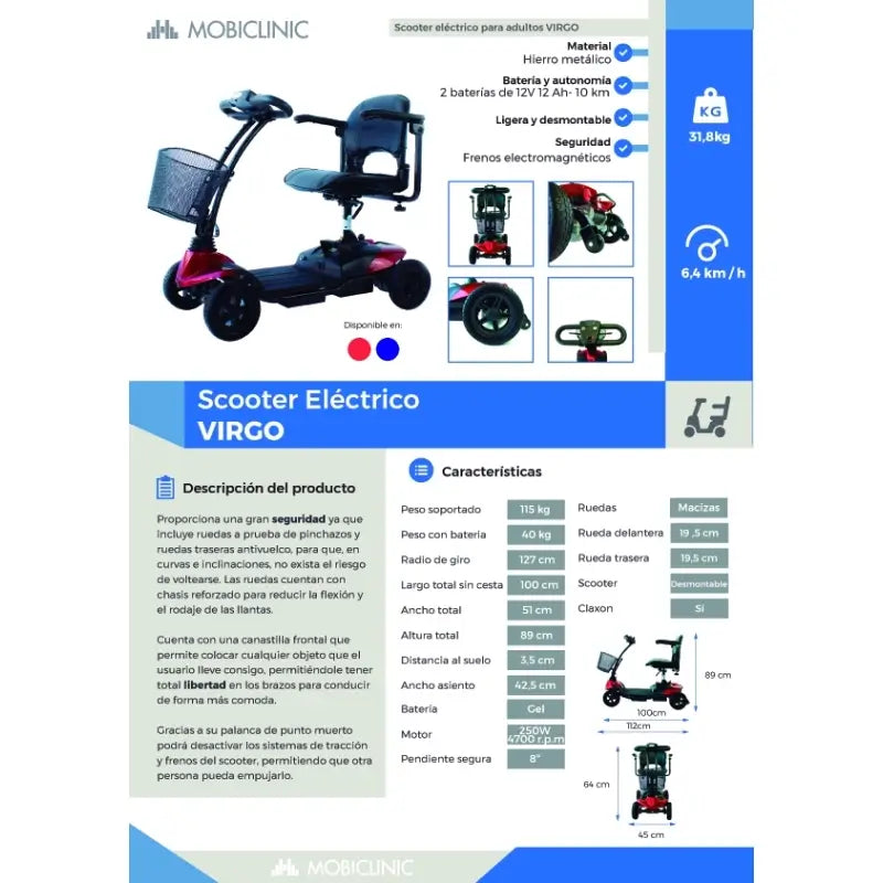 Mobiclinic Scooter de Mobilité Réduite - Auton. 10 Km - 4 Roues - Compact & Détachable - 12Ah - 250W - Virgo - Mobiclinic