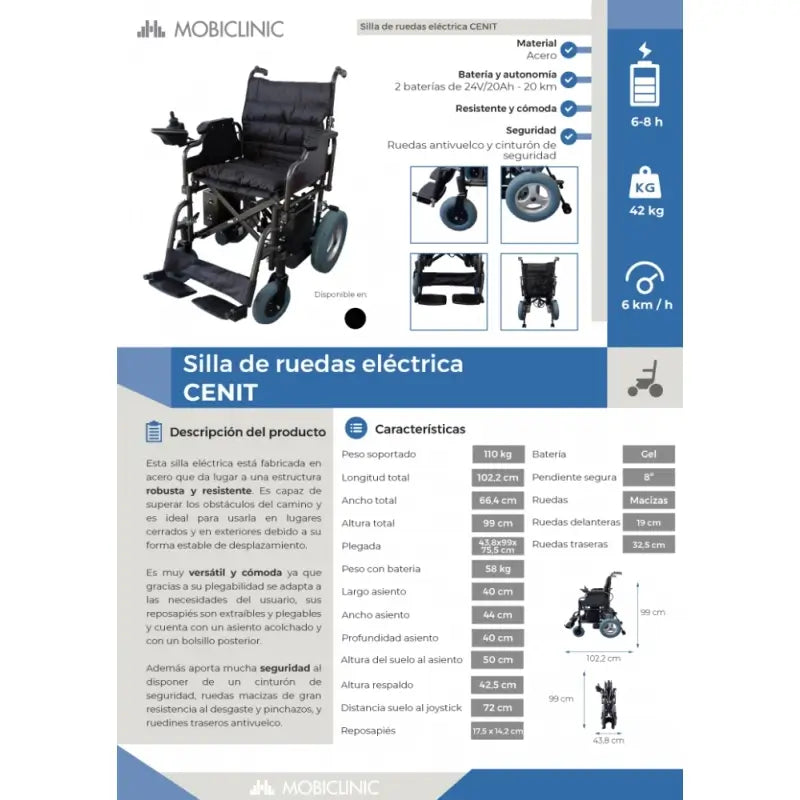 Fauteuil roulant électrique pliant Mobiclinic - Auton. 20 Km - 20Ah - Moteur - Acier - Noir - Cenit