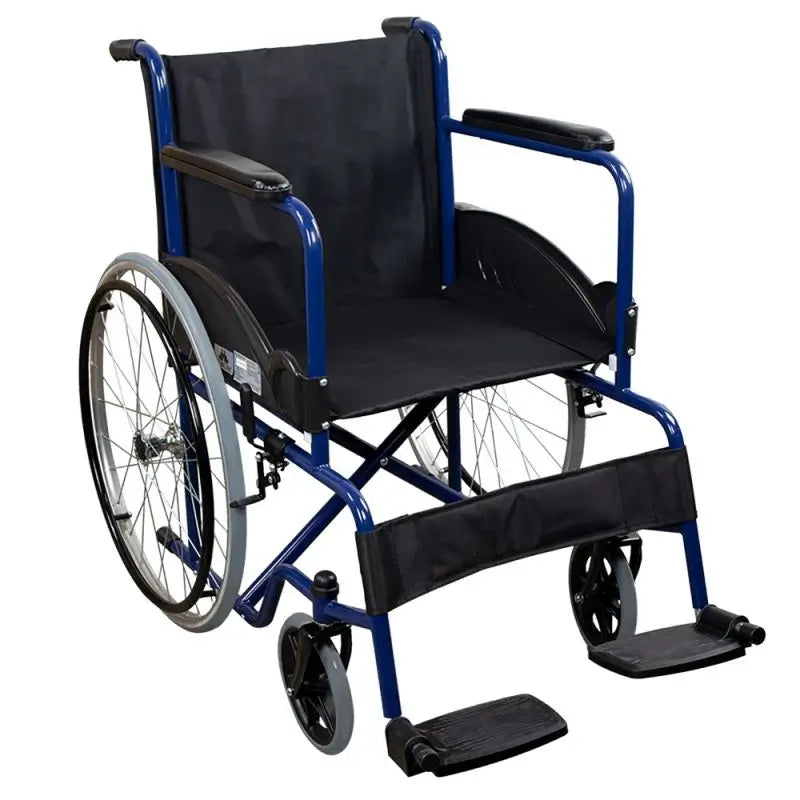 Mobiclinic Folding Wheelchair with Large Wheels, Armrests and Fixed Footrests, Blue