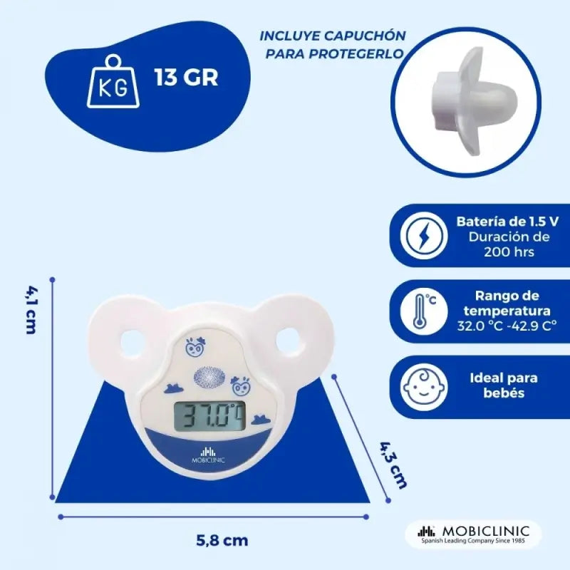 Thermomètre digital Mobiclinic en forme de sucette - Enfants - Pointe ronde - Sucette souple - Affichage LCD