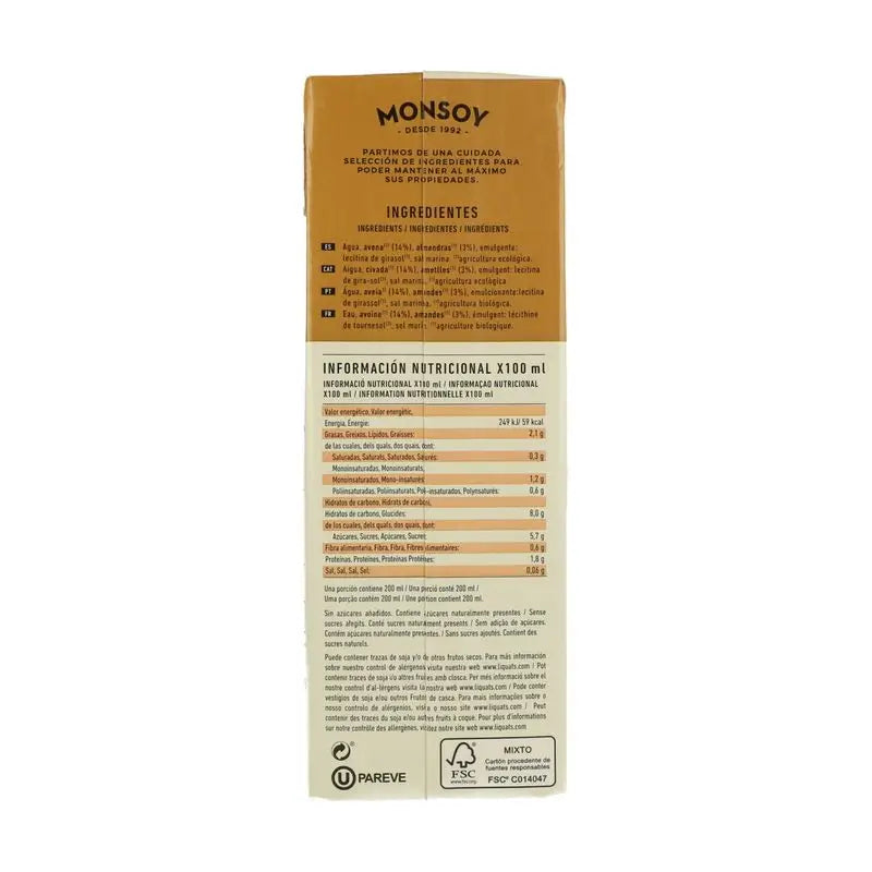 Monsoy Boisson végétale aux amandes avec flocons d'avoine 1Lt 6Ucs.Bio