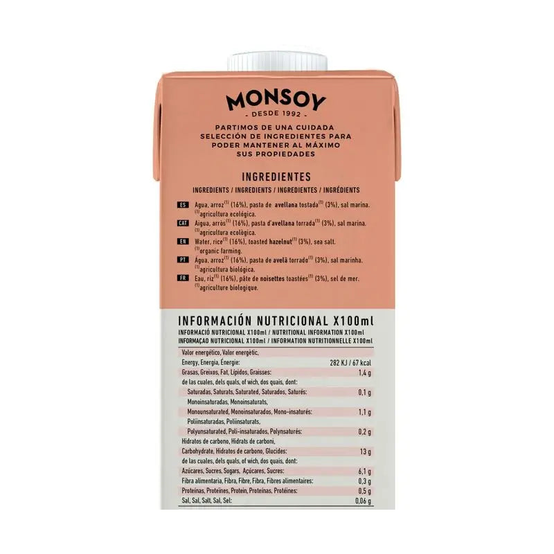 Monsoy Boisson au riz végétal avec noisettes 1Lt.