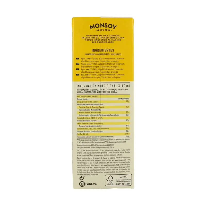 Monsoy Boisson végétale aux flocons d'avoine avec calcium 1Lt 6Uds. Bio