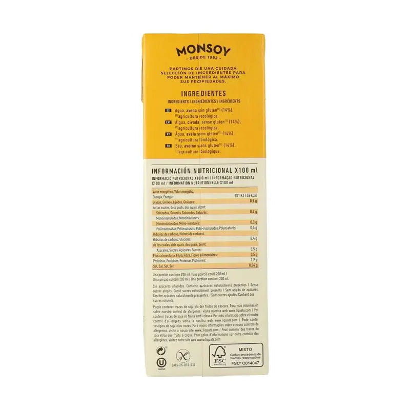 Monsoy Boisson végétale aux flocons d'avoine sans gluten 1Lt 1 pcs Bio