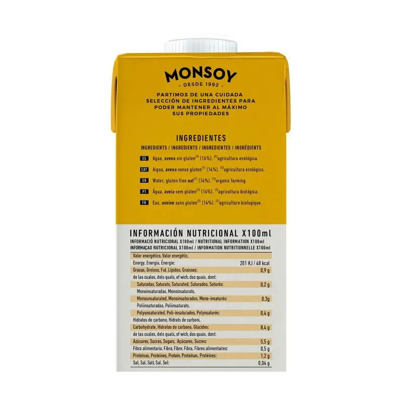 Monsoy Boisson végétale aux flocons d'avoine sans gluten 1Lt 1 pcs Bio