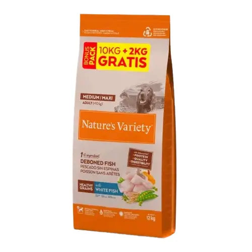 Nature's Variety Healthy Grain Adult Medium Maxi White Fish Dog Food 10+2Kg