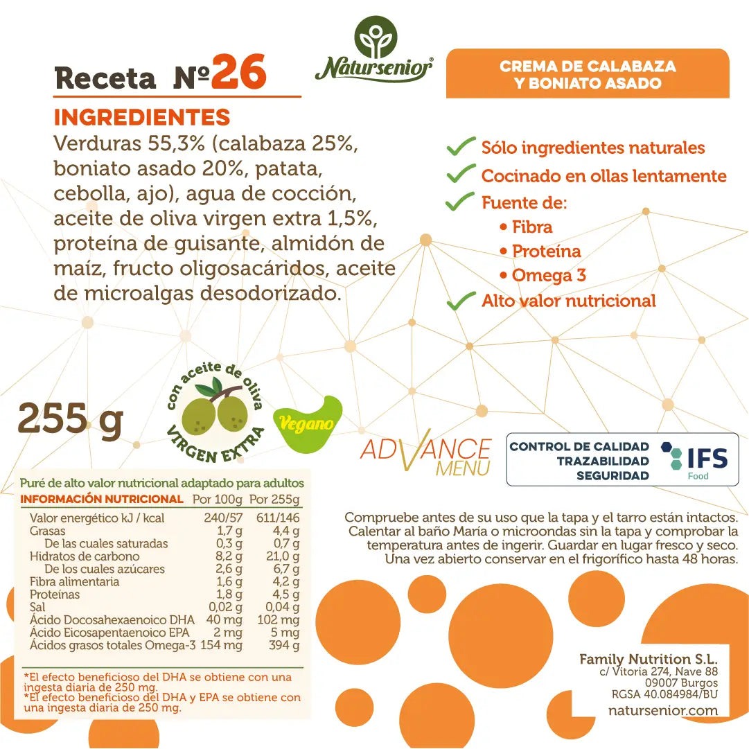 Natursenior Adult Vegetable Cream Soup Pumpkin & Roasted Sweet Potato with Omega 3 Dha, Prebiotics & Protein. 255 gr