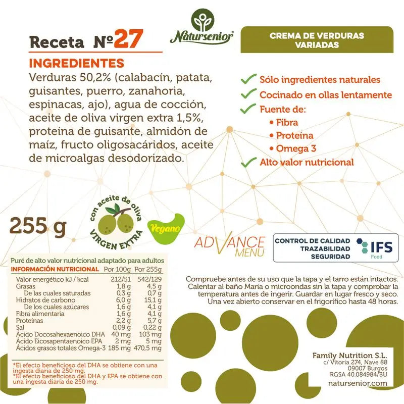 Natursenior Adult Vegetable Cream Légumes mélangés avec Oméga 3 Dha, prébiotiques et protéines. 255 gr