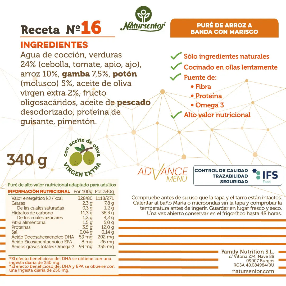 Natursenior Adulte Purée de riz aux fruits de mer avec Oméga 3 Dha+Epa, Prébiotiques et Protéines. 340 gr