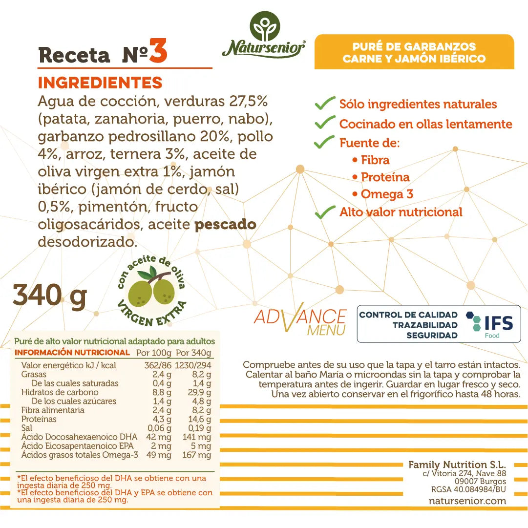 Natursenior Adulte Purée de pois chiches à la viande et au jambon ibérique avec Oméga 3 Dha+Epa, Prébiotiques et Protéines. 340 gr