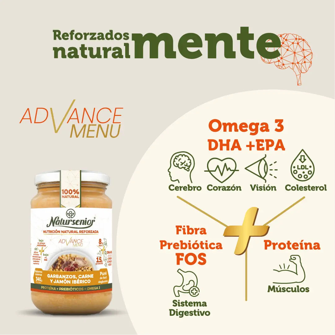 Natursenior Adulte Purée de pois chiches à la viande et au jambon ibérique avec Oméga 3 Dha+Epa, Prébiotiques et Protéines. 340 gr