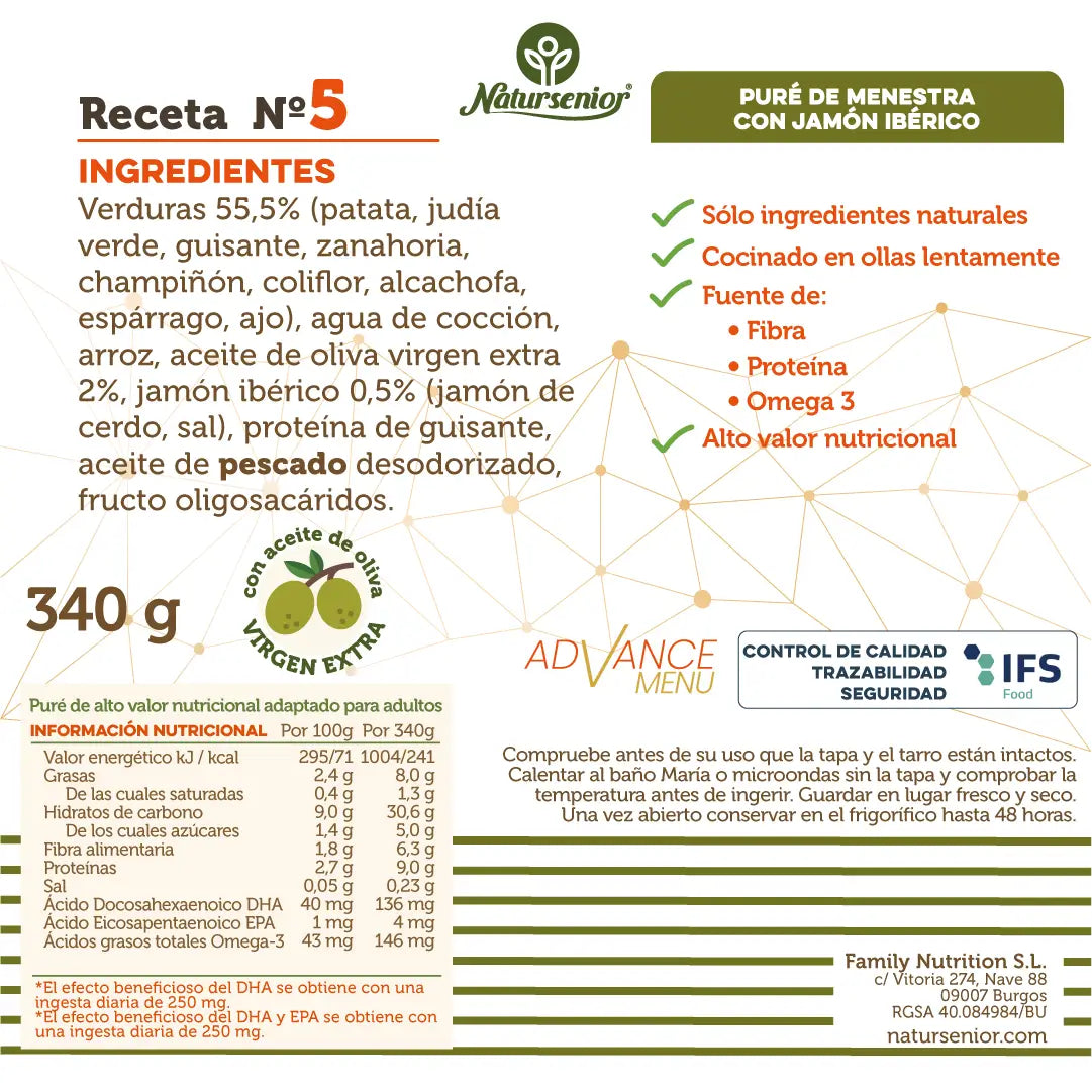 Natursenior Adulte Purée au Jambon Ibérique avec Oméga 3 Dha+Epa, Prébiotiques et Protéines. 340 gr