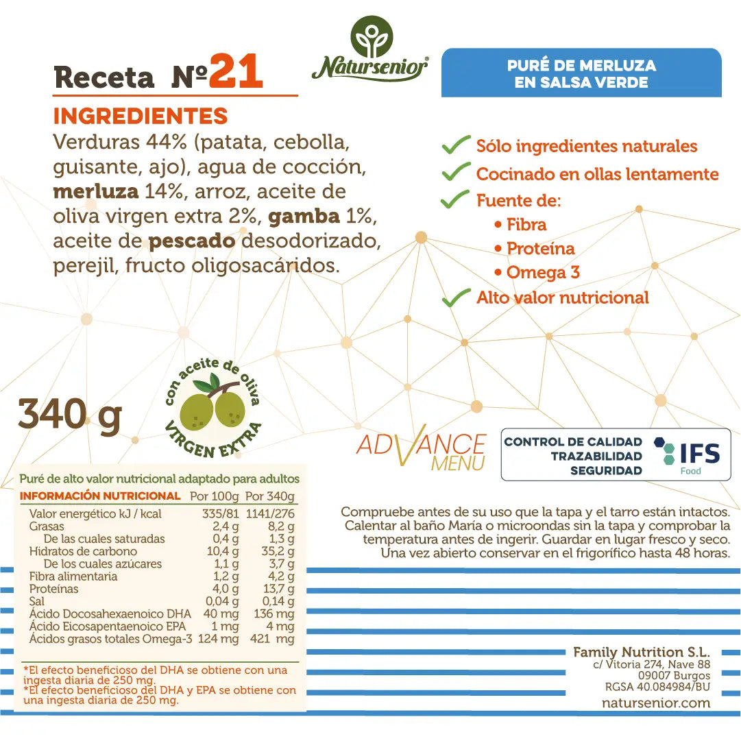 Natursenior Adulte Purée de Merlu en Sauce Verte Renforcée en Oméga 3 Dha+Epa, Prébiotiques et Protéines. 340 gr