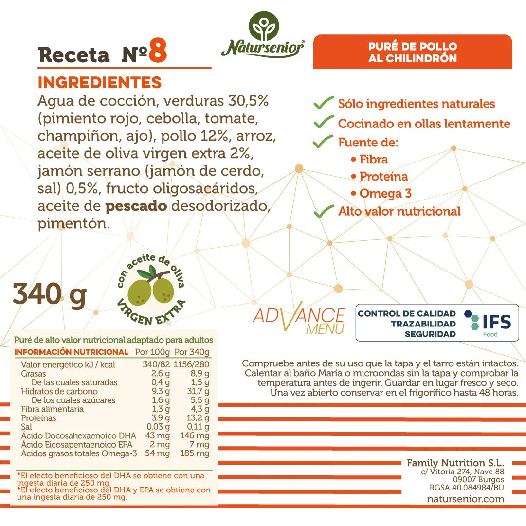Natursenior Adulte Purée de Poulet avec Oméga 3 Dha+Epa, Prébiotiques et Protéines. 340 gr