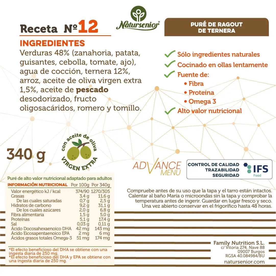 Natursenior Adult Ragoût de bœuf en purée avec oméga 3 Dha+Epa, prébiotiques et protéines. 340 gr
