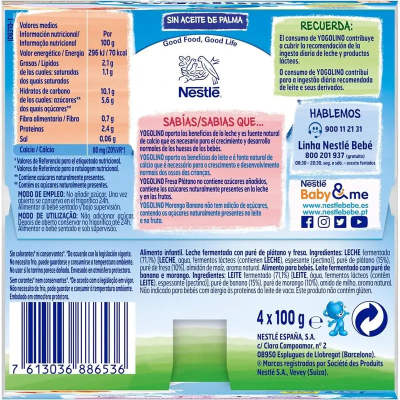 Nestlé Yogolino Fraise Banane Sans Sucre, 4X100g